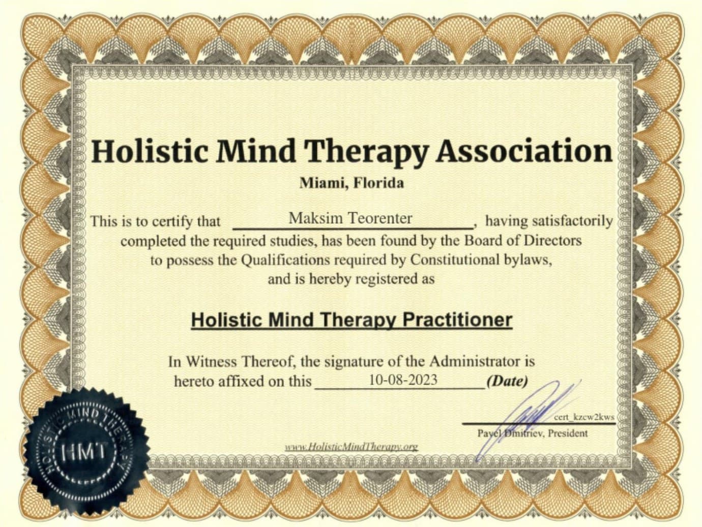 Holistic Mind Therapy Practitioner — Holistic Mind Therapy Association, Майами