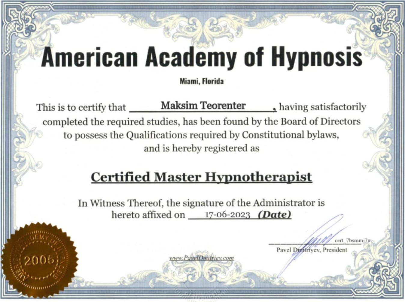 Certified Master Hypnotherapist — American Academy of Hypnosis, Майами
