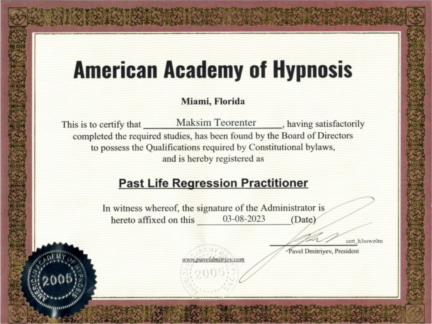 Past Life Regression Practitioner — American Academy of Hypnosis, Майами